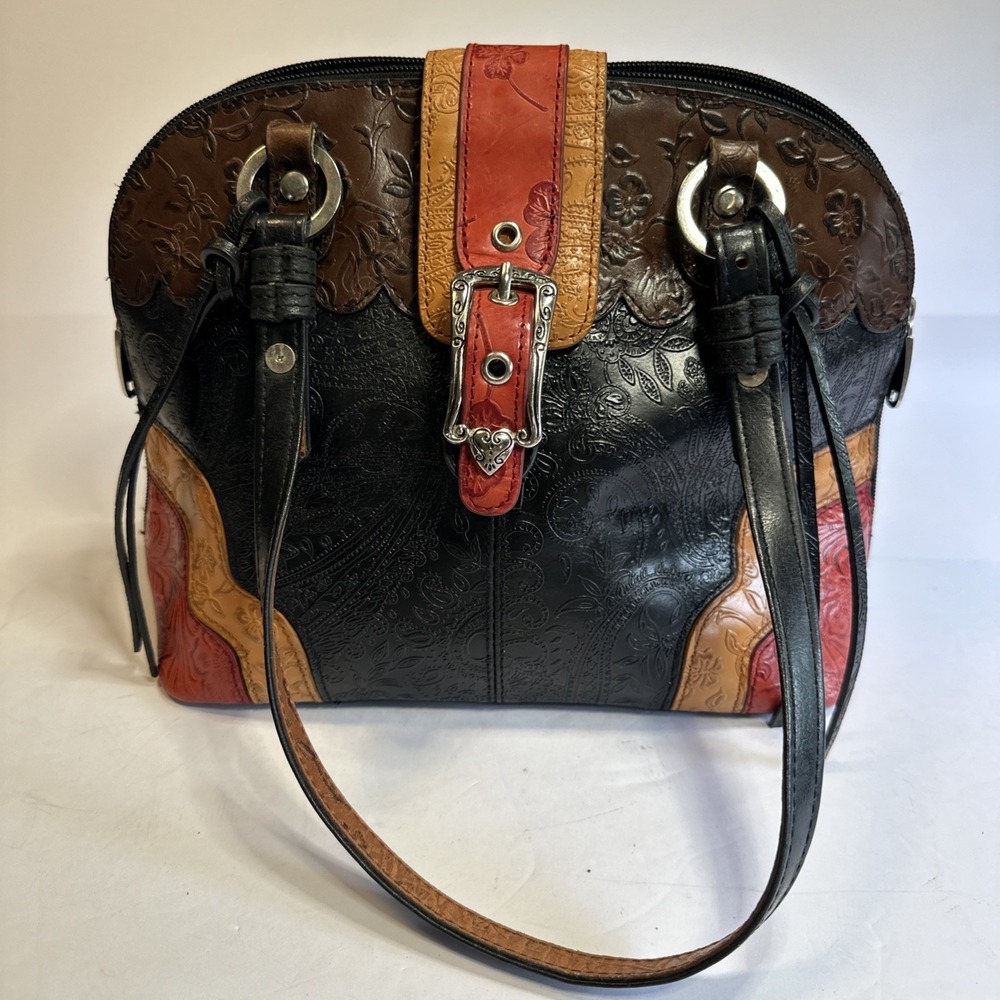 MC Embossed Leather Bag Browns Black Red Western Silver Hardware Heart Accents